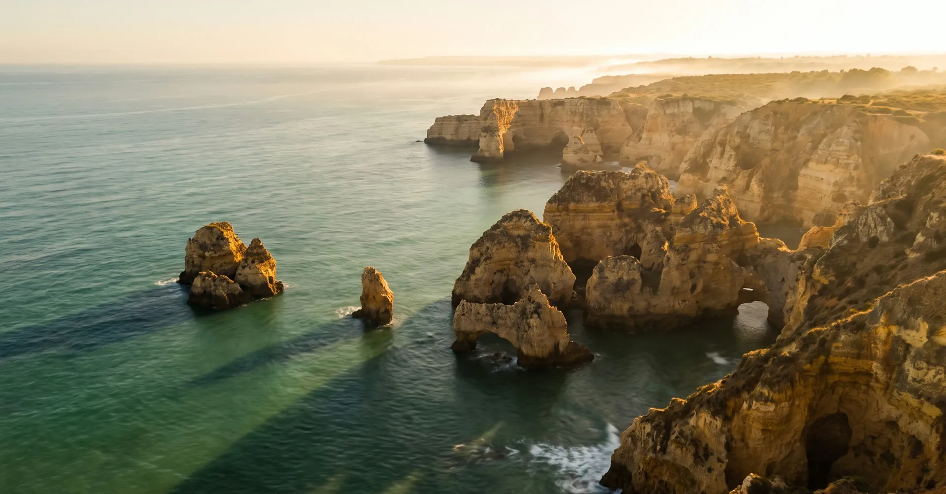 Morgendämmerung über der Algarveküste, goldenes Licht auf Kalksteinfelsen
